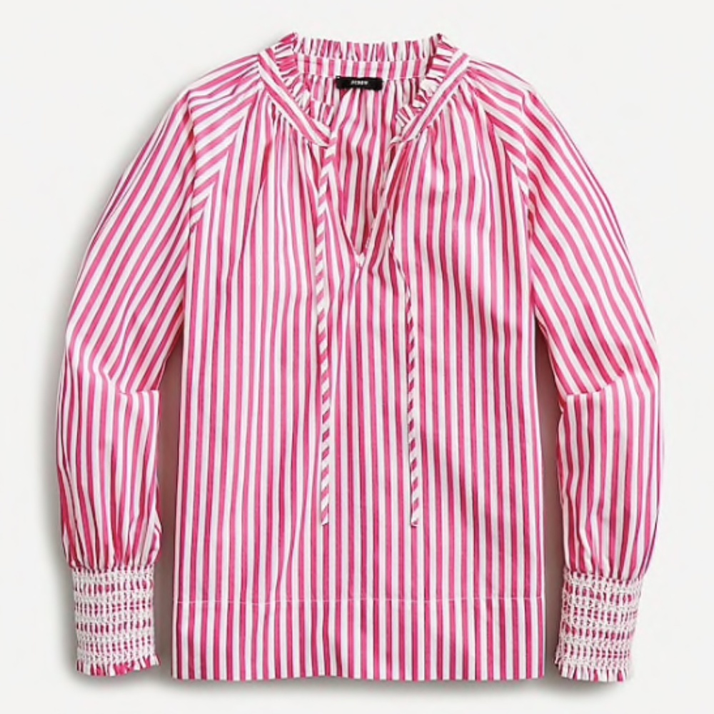 J Crew Smocked-cuff Popover Top in Pink Stripe S
